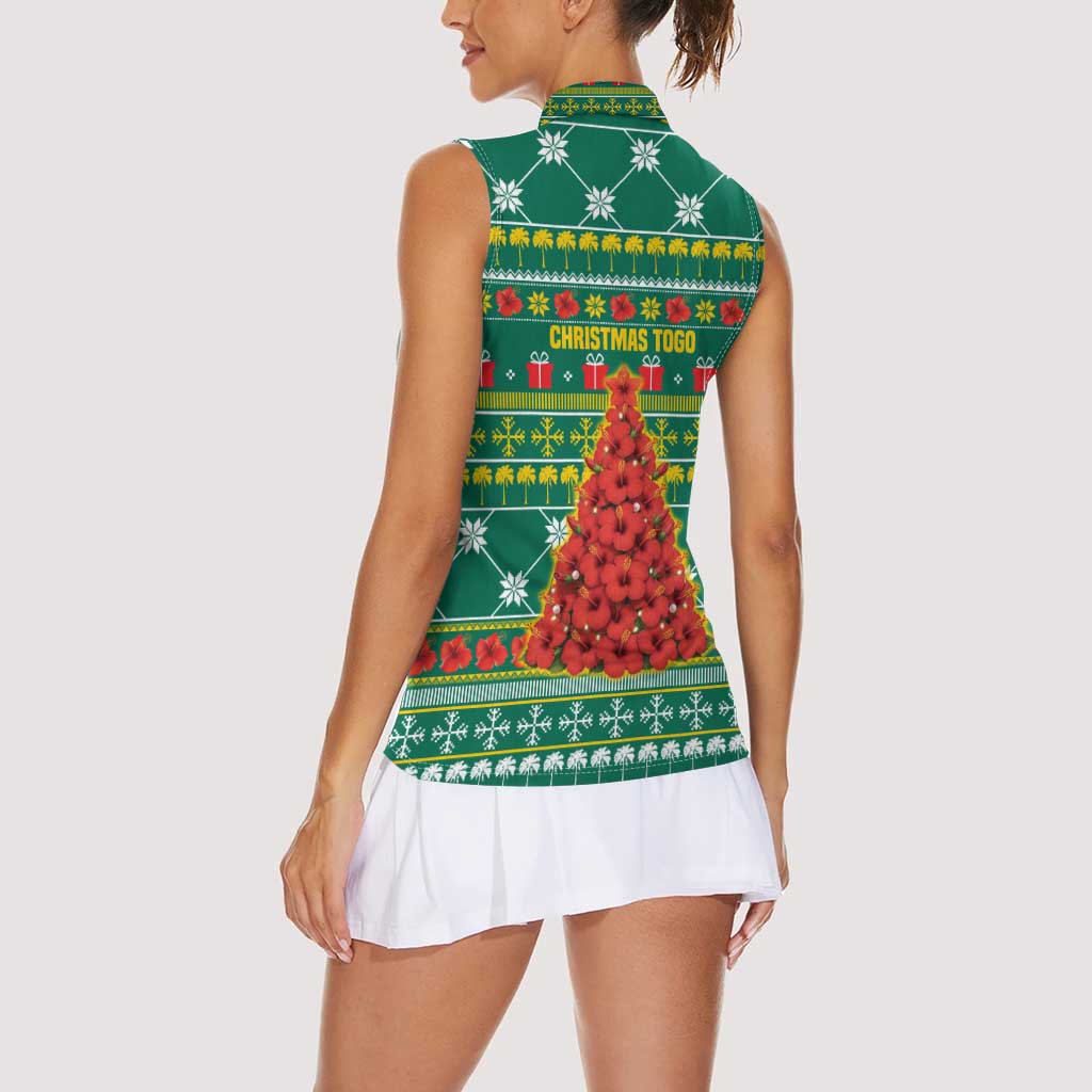 Togo Christmas Women Sleeveless Polo Shirt with Santa Poinsettia Flower Tree Gifts and African Print Pattern - Wonder Print Shop