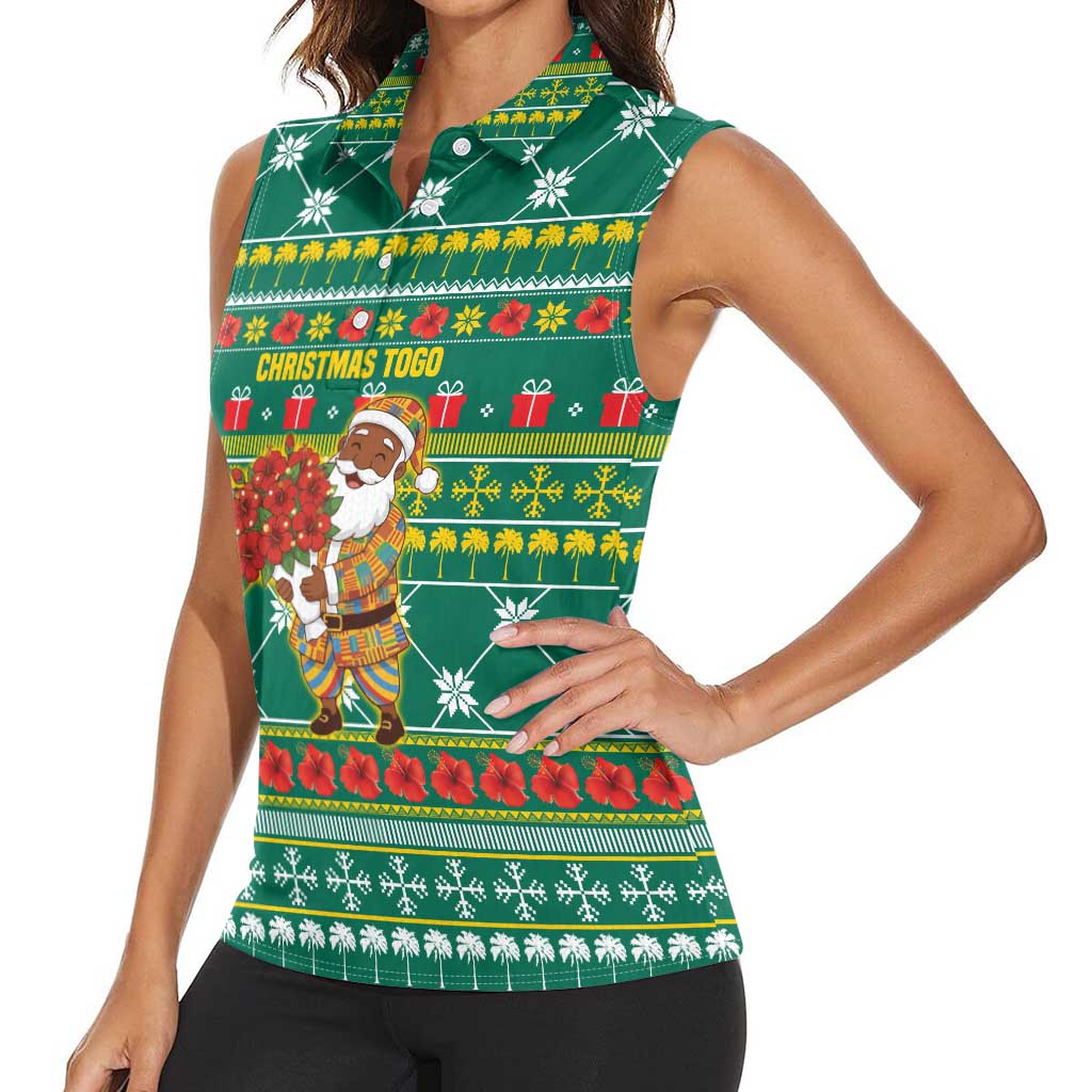 Togo Christmas Women Sleeveless Polo Shirt with Santa Poinsettia Flower Tree Gifts and African Print Pattern - Wonder Print Shop