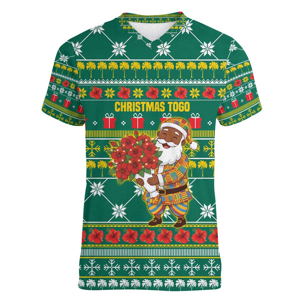 Togo Christmas Women V-Neck T-Shirt with Santa Poinsettia Flower Tree Gifts and African Print Pattern - Wonder Print Shop