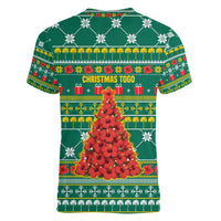 Togo Christmas Women V-Neck T-Shirt with Santa Poinsettia Flower Tree Gifts and African Print Pattern - Wonder Print Shop