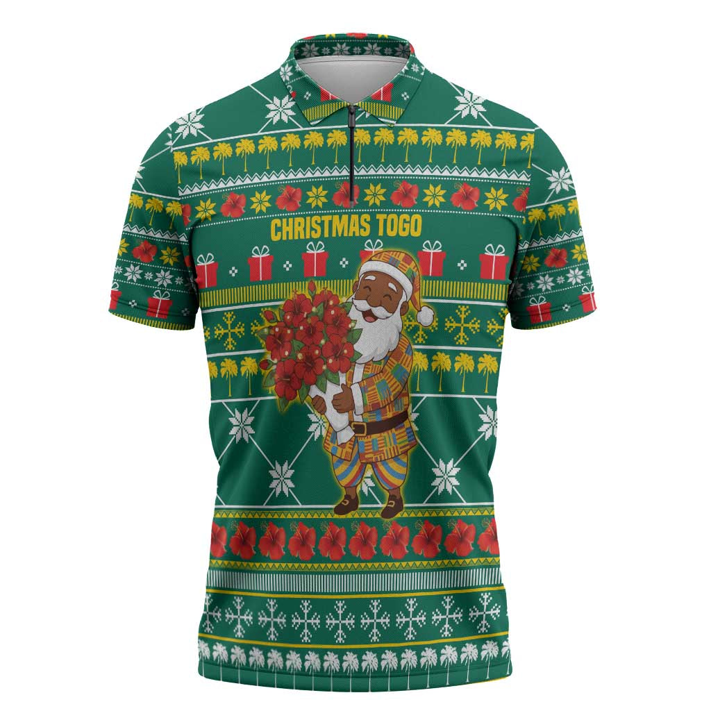 Togo Christmas Zipper Polo Shirt with Santa Poinsettia Flower Tree Gifts and African Print Pattern - Wonder Print Shop