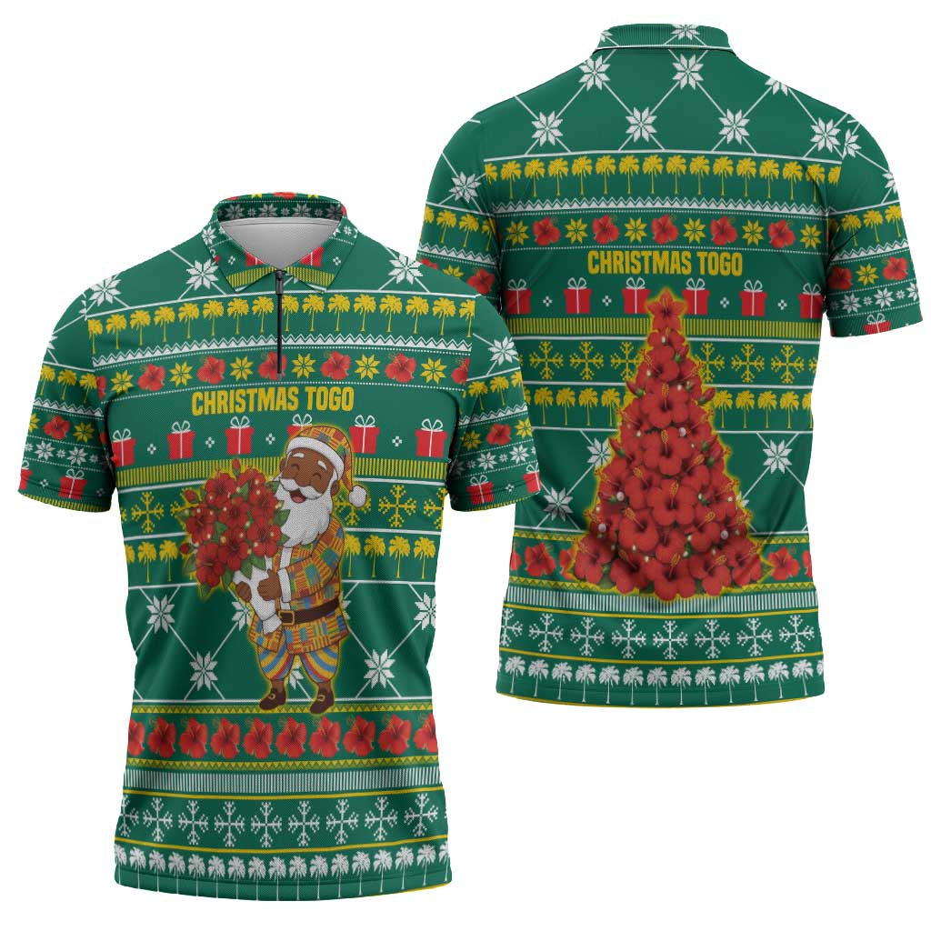 Togo Christmas Zipper Polo Shirt with Santa Poinsettia Flower Tree Gifts and African Print Pattern - Wonder Print Shop