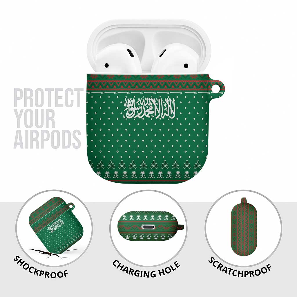 Saudi Arabia Christmas AirPods Case with Green Pattern, Traditional Script Motif, and Camel Caravan Silhouette - Wonder Print Shop