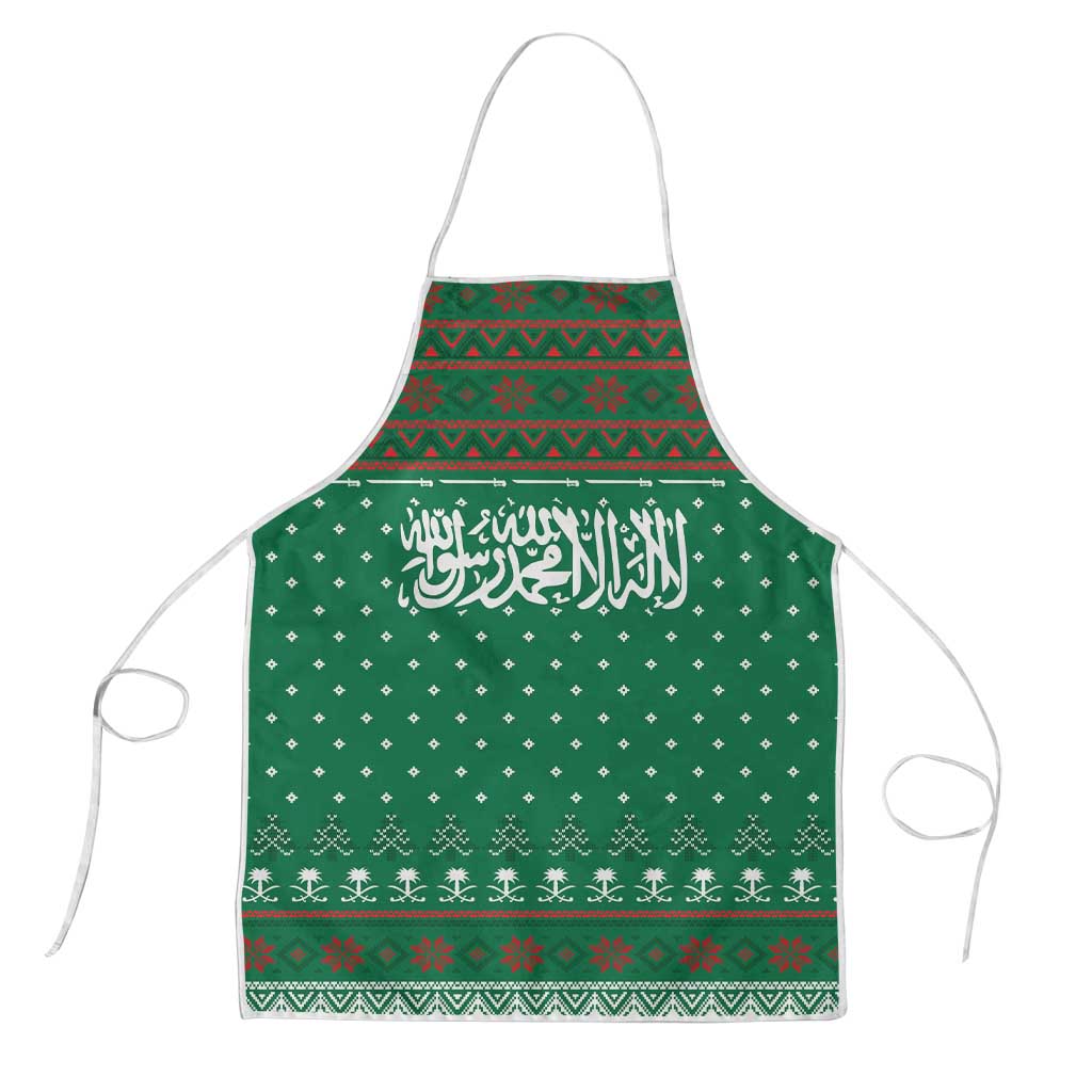 Saudi Arabia Christmas Apron with Green Pattern, Traditional Script Motif, and Camel Caravan Silhouette - Wonder Print Shop
