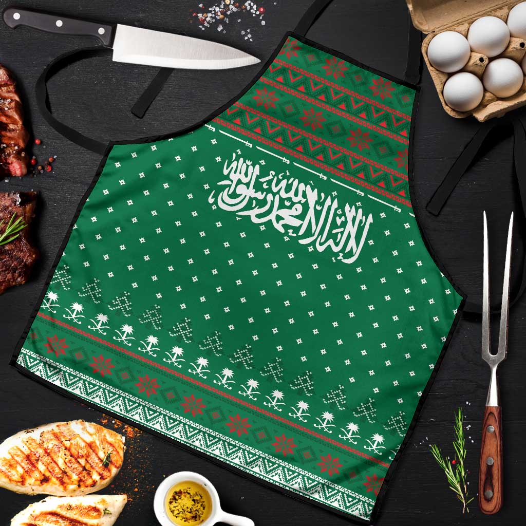 Saudi Arabia Christmas Apron with Green Pattern, Traditional Script Motif, and Camel Caravan Silhouette - Wonder Print Shop