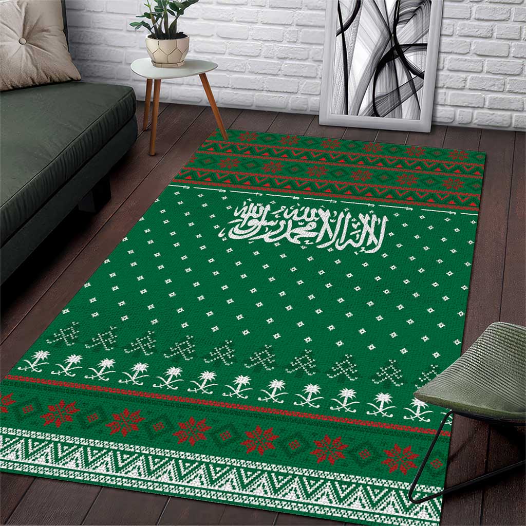 Saudi Arabia Christmas Area Rug with Green Pattern, Traditional Script Motif, and Camel Caravan Silhouette - Wonder Print Shop