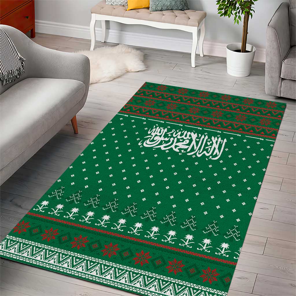 Saudi Arabia Christmas Area Rug with Green Pattern, Traditional Script Motif, and Camel Caravan Silhouette - Wonder Print Shop