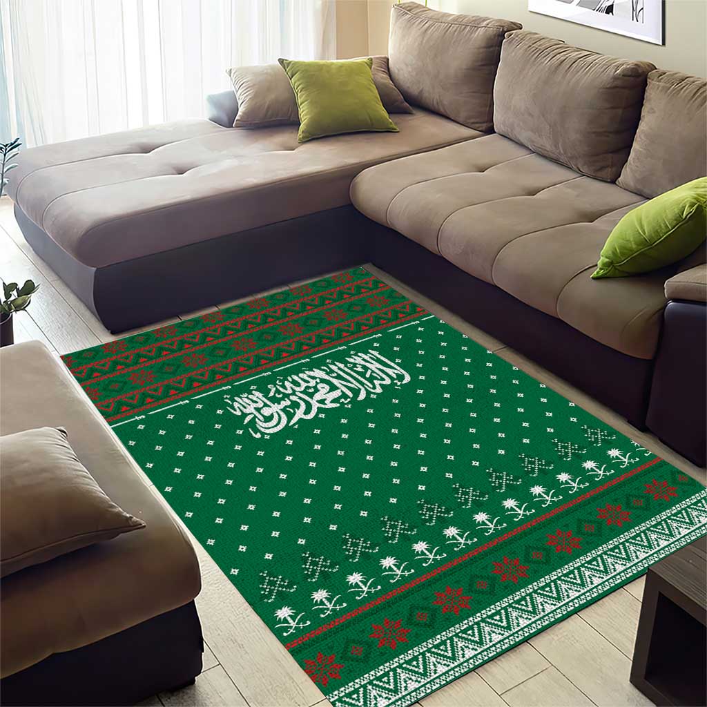 Saudi Arabia Christmas Area Rug with Green Pattern, Traditional Script Motif, and Camel Caravan Silhouette - Wonder Print Shop