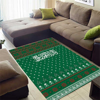 Saudi Arabia Christmas Area Rug with Green Pattern, Traditional Script Motif, and Camel Caravan Silhouette - Wonder Print Shop
