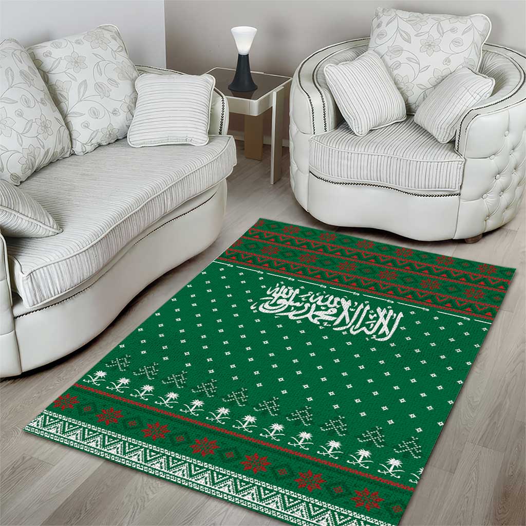 Saudi Arabia Christmas Area Rug with Green Pattern, Traditional Script Motif, and Camel Caravan Silhouette - Wonder Print Shop