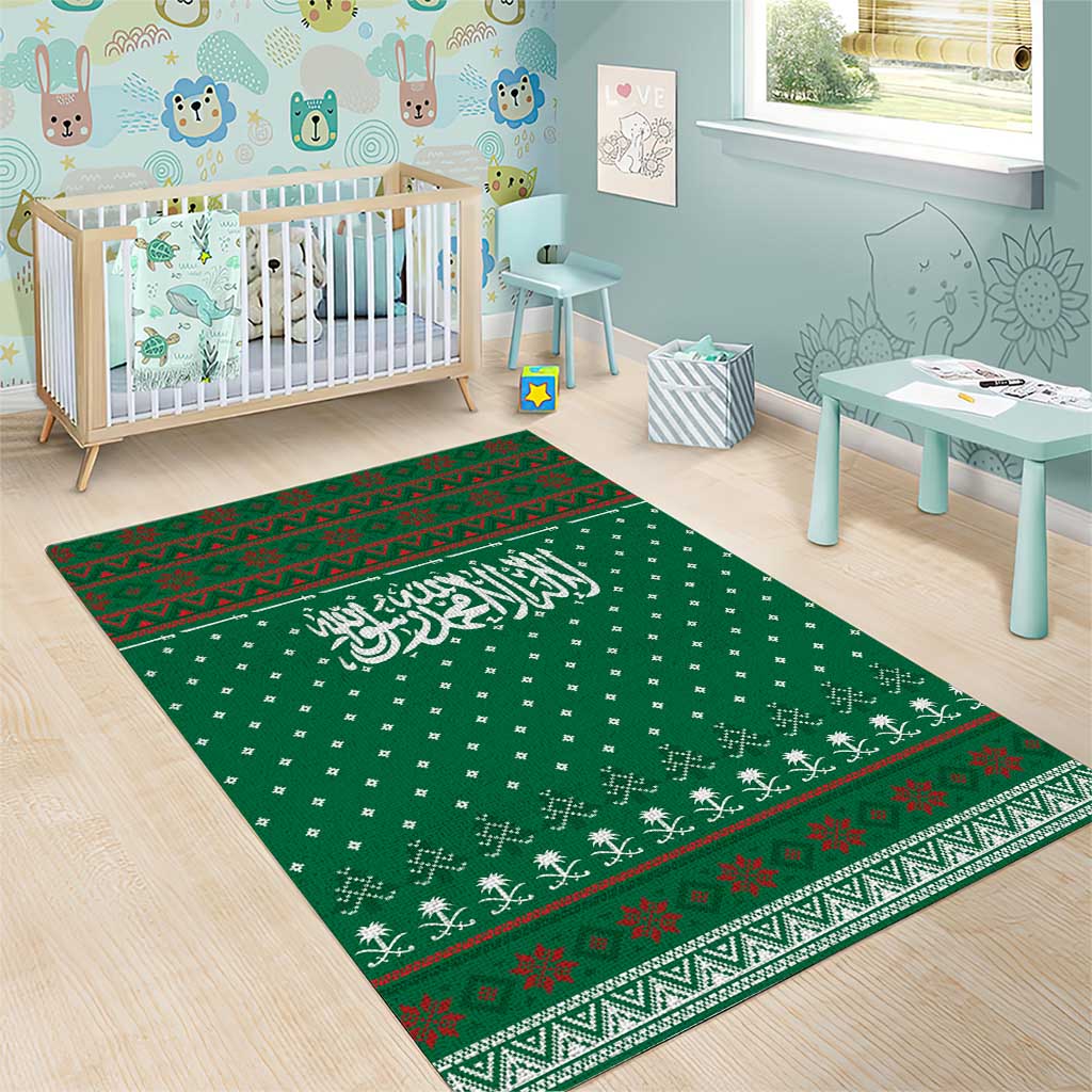 Saudi Arabia Christmas Area Rug with Green Pattern, Traditional Script Motif, and Camel Caravan Silhouette - Wonder Print Shop
