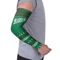 Saudi Arabia Christmas Arm Sleeves with Green Pattern, Traditional Script Motif, and Camel Caravan Silhouette - Wonder Print Shop