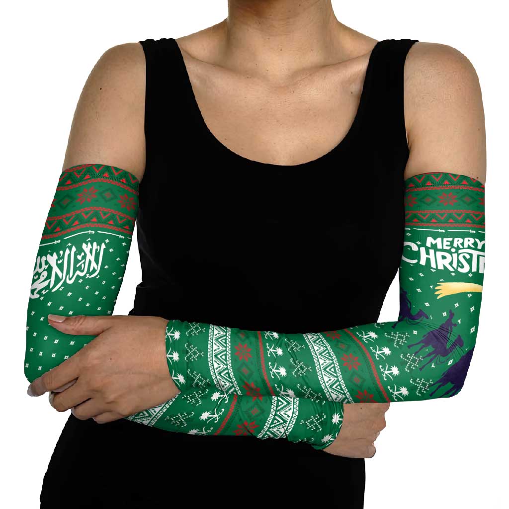 Saudi Arabia Christmas Arm Sleeves with Green Pattern, Traditional Script Motif, and Camel Caravan Silhouette - Wonder Print Shop