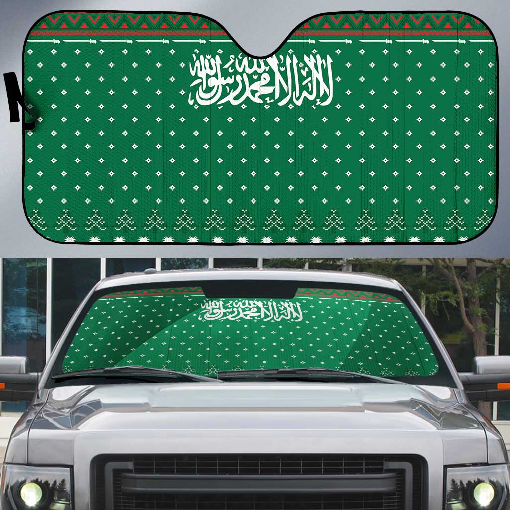 Saudi Arabia Christmas Auto Sun Shade with Green Pattern, Traditional Script Motif, and Camel Caravan Silhouette - Wonder Print Shop