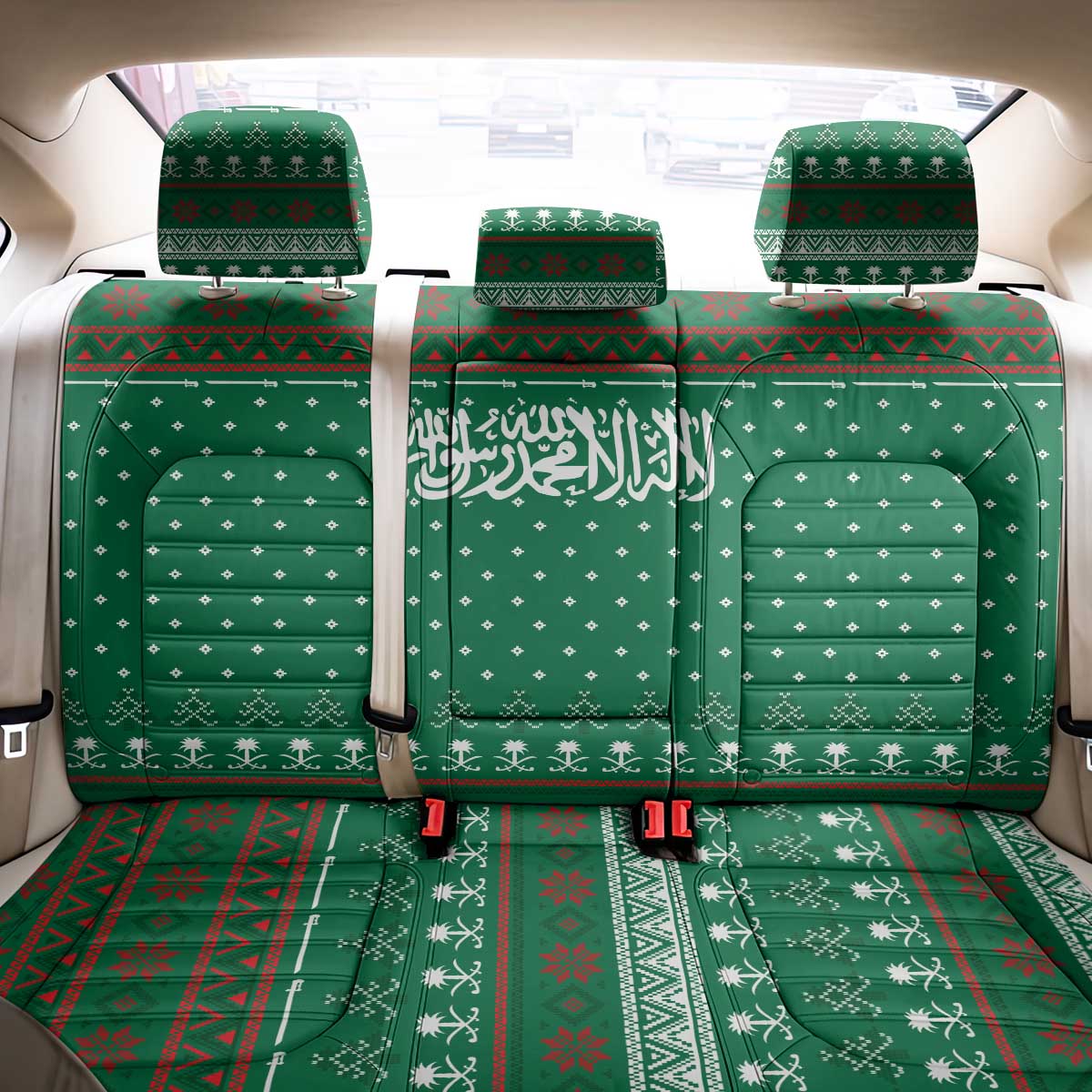 Saudi Arabia Christmas Back Car Seat Cover with Green Pattern, Traditional Script Motif, and Camel Caravan Silhouette - Wonder Print Shop