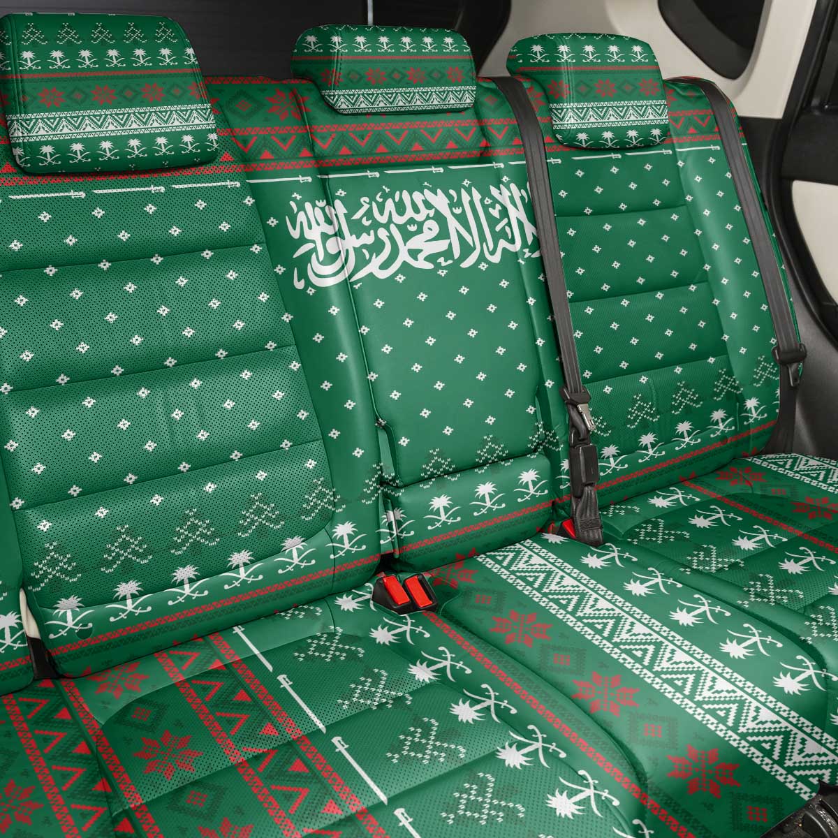 Saudi Arabia Christmas Back Car Seat Cover with Green Pattern, Traditional Script Motif, and Camel Caravan Silhouette - Wonder Print Shop