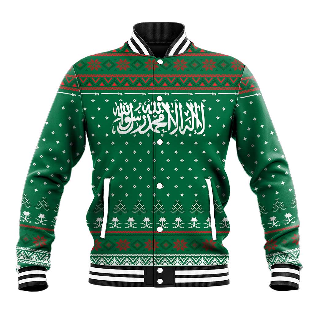 Saudi Arabia Christmas Baseball Jacket with Green Pattern, Traditional Script Motif, and Camel Caravan Silhouette - Wonder Print Shop