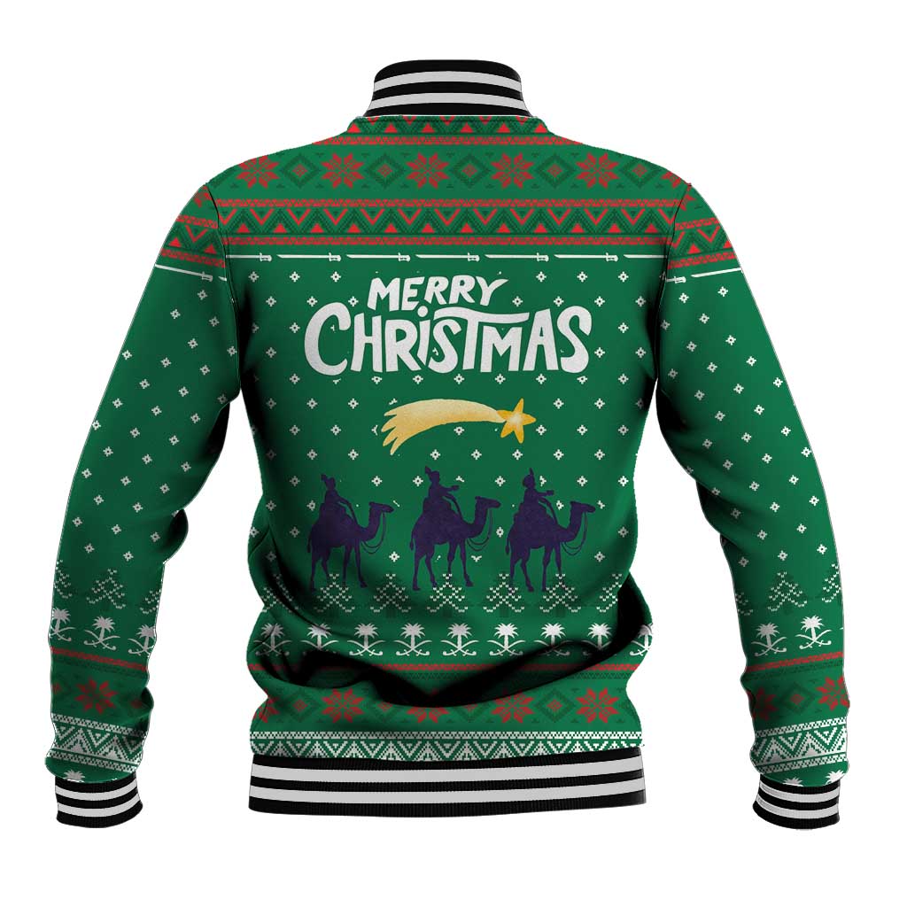 Saudi Arabia Christmas Baseball Jacket with Green Pattern, Traditional Script Motif, and Camel Caravan Silhouette - Wonder Print Shop
