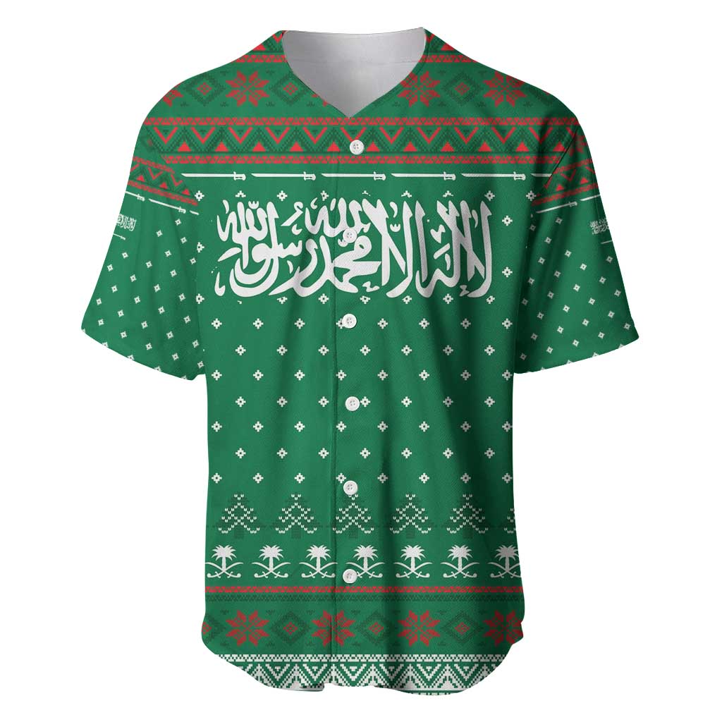 Saudi Arabia Christmas Baseball Jersey with Green Pattern, Traditional Script Motif, and Camel Caravan Silhouette - Wonder Print Shop