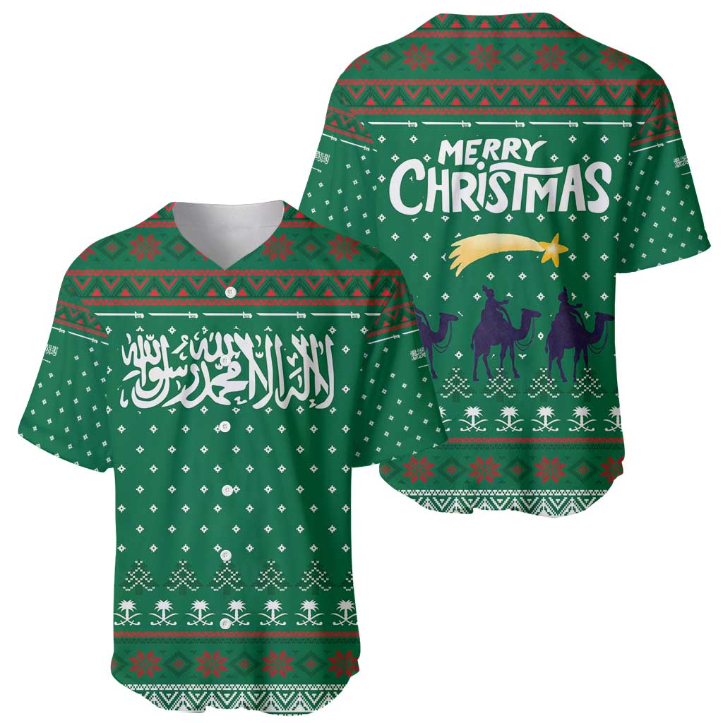 Saudi Arabia Christmas Baseball Jersey with Green Pattern, Traditional Script Motif, and Camel Caravan Silhouette - Wonder Print Shop