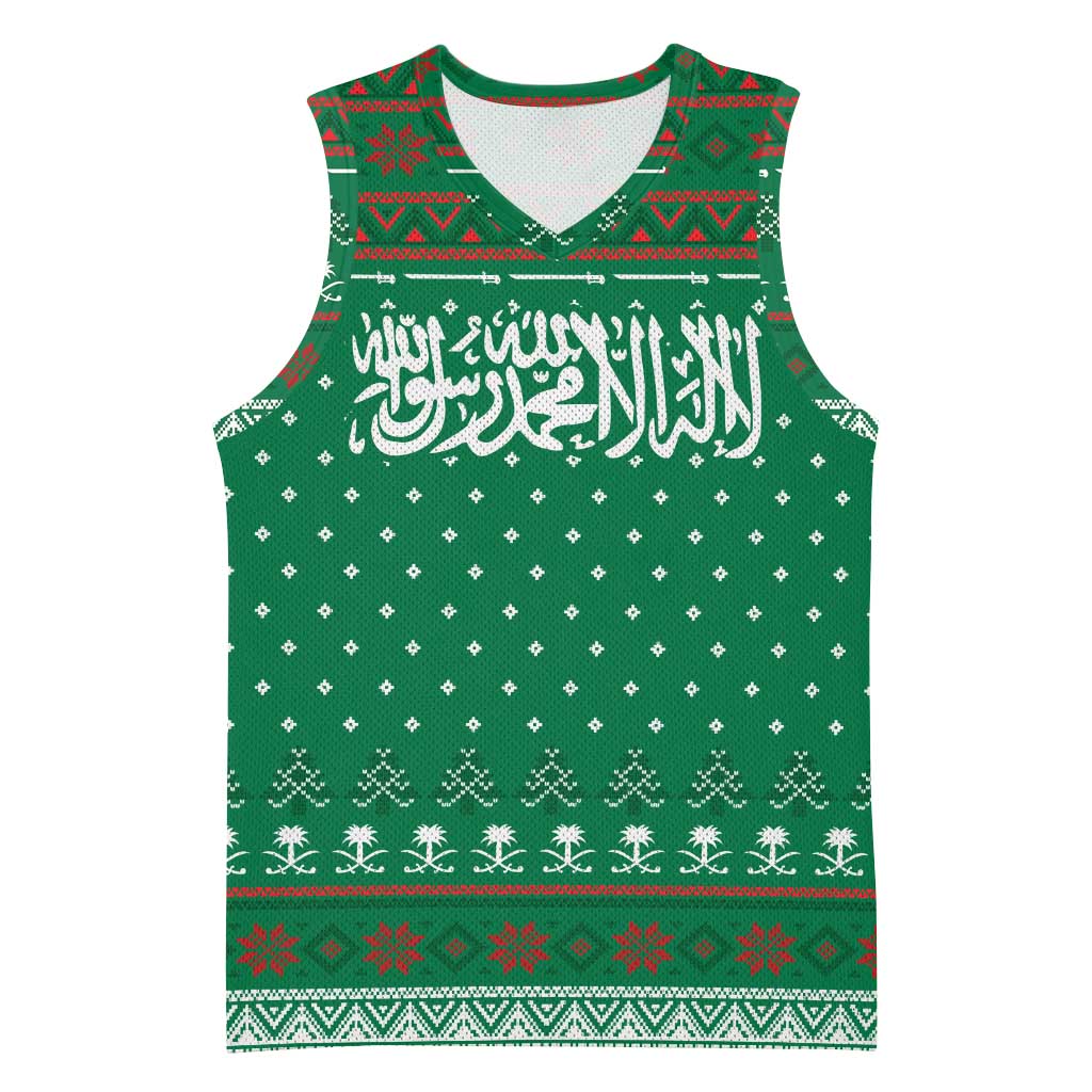 Saudi Arabia Christmas Basketball Jersey with Green Pattern, Traditional Script Motif, and Camel Caravan Silhouette - Wonder Print Shop