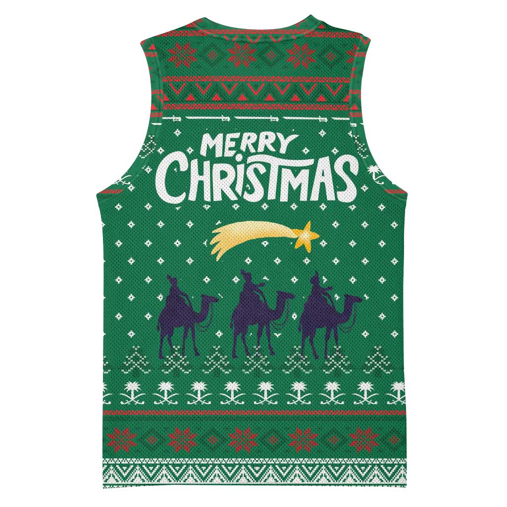 Saudi Arabia Christmas Basketball Jersey with Green Pattern, Traditional Script Motif, and Camel Caravan Silhouette - Wonder Print Shop