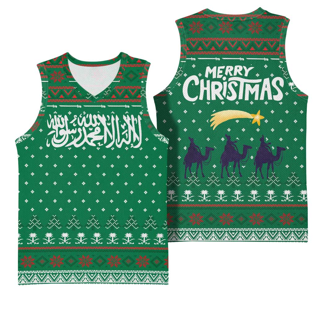 Saudi Arabia Christmas Basketball Jersey with Green Pattern, Traditional Script Motif, and Camel Caravan Silhouette - Wonder Print Shop
