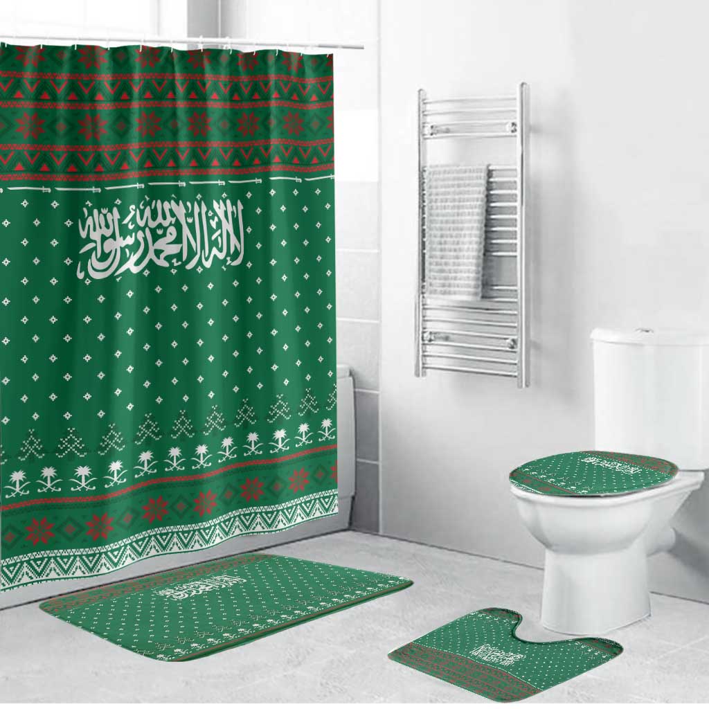 Saudi Arabia Christmas Bathroom Set with Green Pattern, Traditional Script Motif, and Camel Caravan Silhouette - Wonder Print Shop
