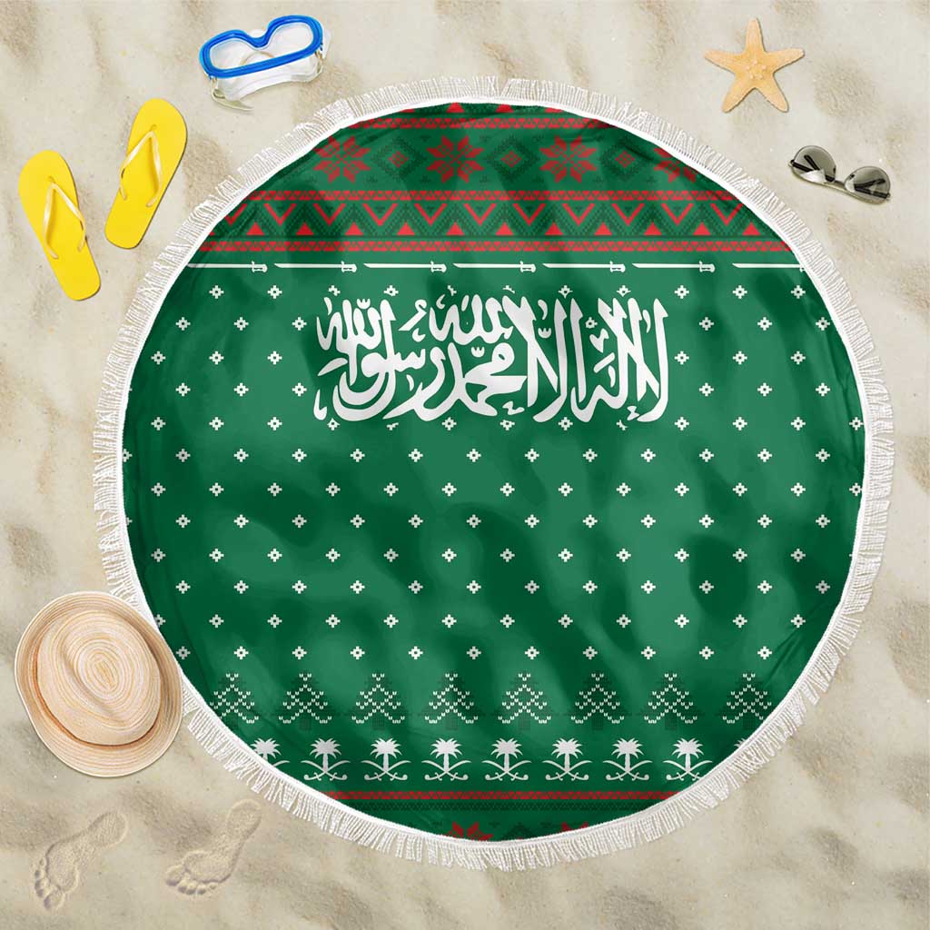 Saudi Arabia Christmas Beach Blanket with Green Pattern, Traditional Script Motif, and Camel Caravan Silhouette - Wonder Print Shop