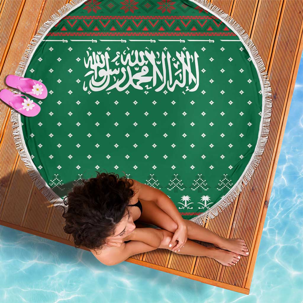 Saudi Arabia Christmas Beach Blanket with Green Pattern, Traditional Script Motif, and Camel Caravan Silhouette - Wonder Print Shop