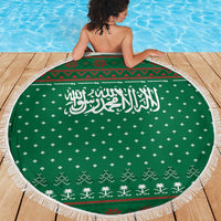 Saudi Arabia Christmas Beach Blanket with Green Pattern, Traditional Script Motif, and Camel Caravan Silhouette - Wonder Print Shop
