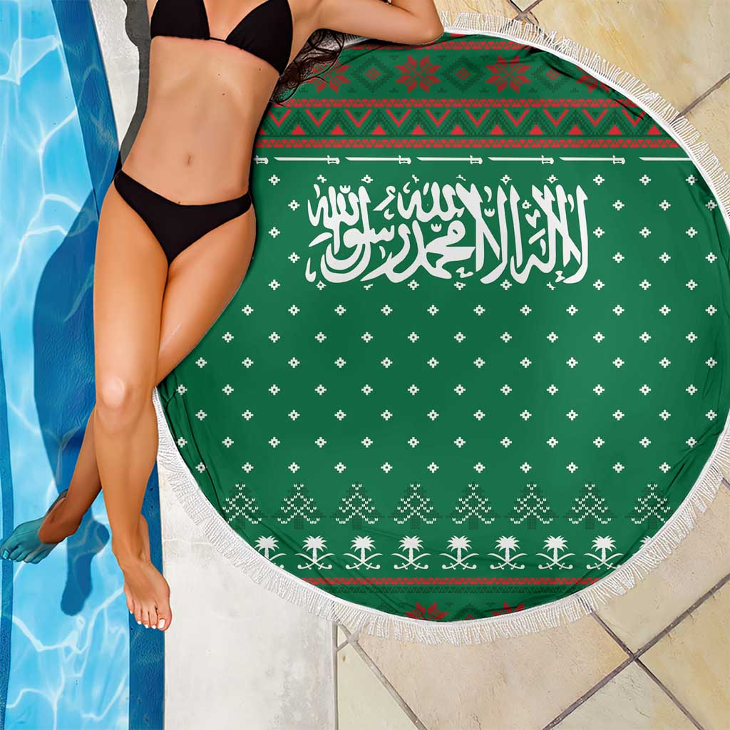 Saudi Arabia Christmas Beach Blanket with Green Pattern, Traditional Script Motif, and Camel Caravan Silhouette - Wonder Print Shop