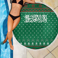 Saudi Arabia Christmas Beach Blanket with Green Pattern, Traditional Script Motif, and Camel Caravan Silhouette - Wonder Print Shop