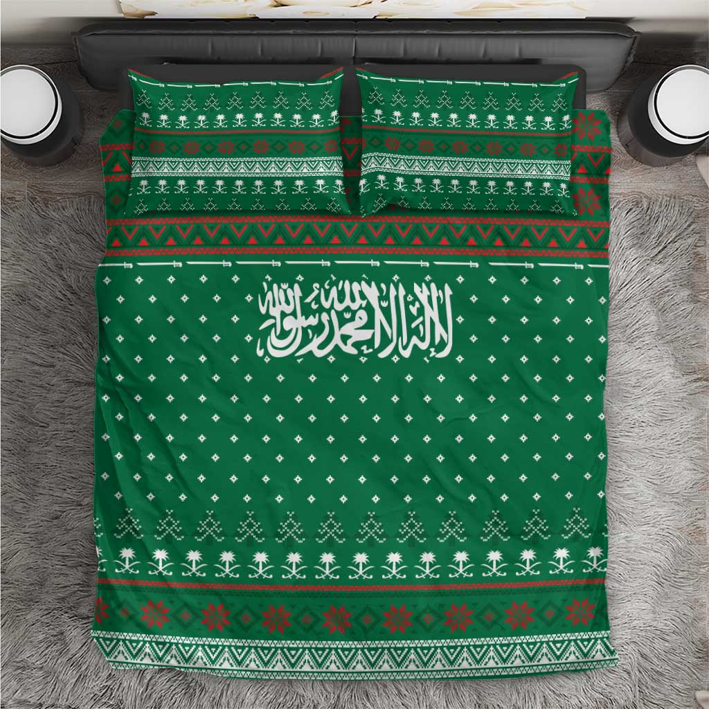 Saudi Arabia Christmas Bedding Set with Green Pattern, Traditional Script Motif, and Camel Caravan Silhouette - Wonder Print Shop
