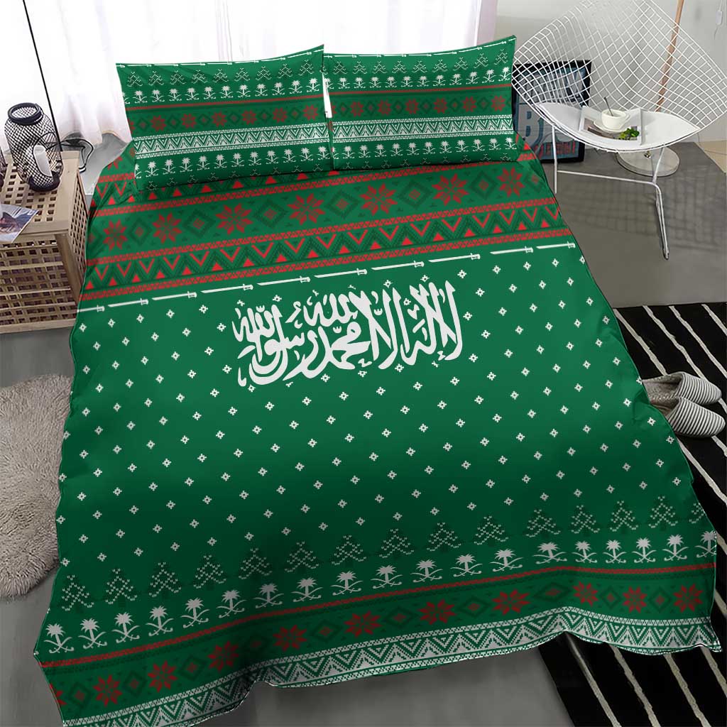 Saudi Arabia Christmas Bedding Set with Green Pattern, Traditional Script Motif, and Camel Caravan Silhouette - Wonder Print Shop