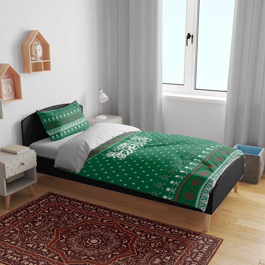 Saudi Arabia Christmas Bedding Set with Green Pattern, Traditional Script Motif, and Camel Caravan Silhouette - Wonder Print Shop