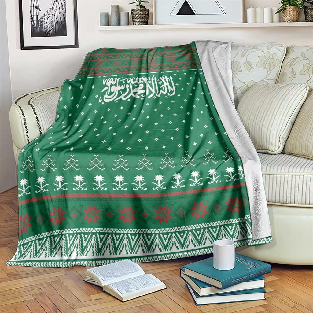 Saudi Arabia Christmas Blanket with Green Pattern, Traditional Script Motif, and Camel Caravan Silhouette - Wonder Print Shop