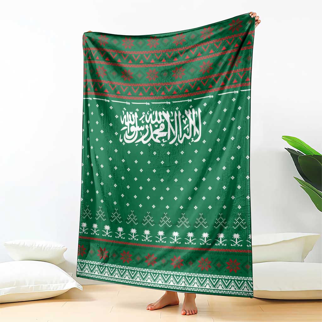 Saudi Arabia Christmas Blanket with Green Pattern, Traditional Script Motif, and Camel Caravan Silhouette - Wonder Print Shop