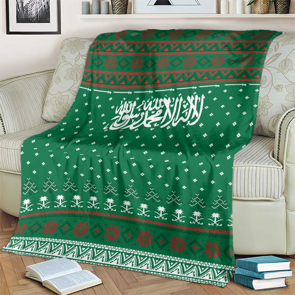 Saudi Arabia Christmas Blanket with Green Pattern, Traditional Script Motif, and Camel Caravan Silhouette - Wonder Print Shop