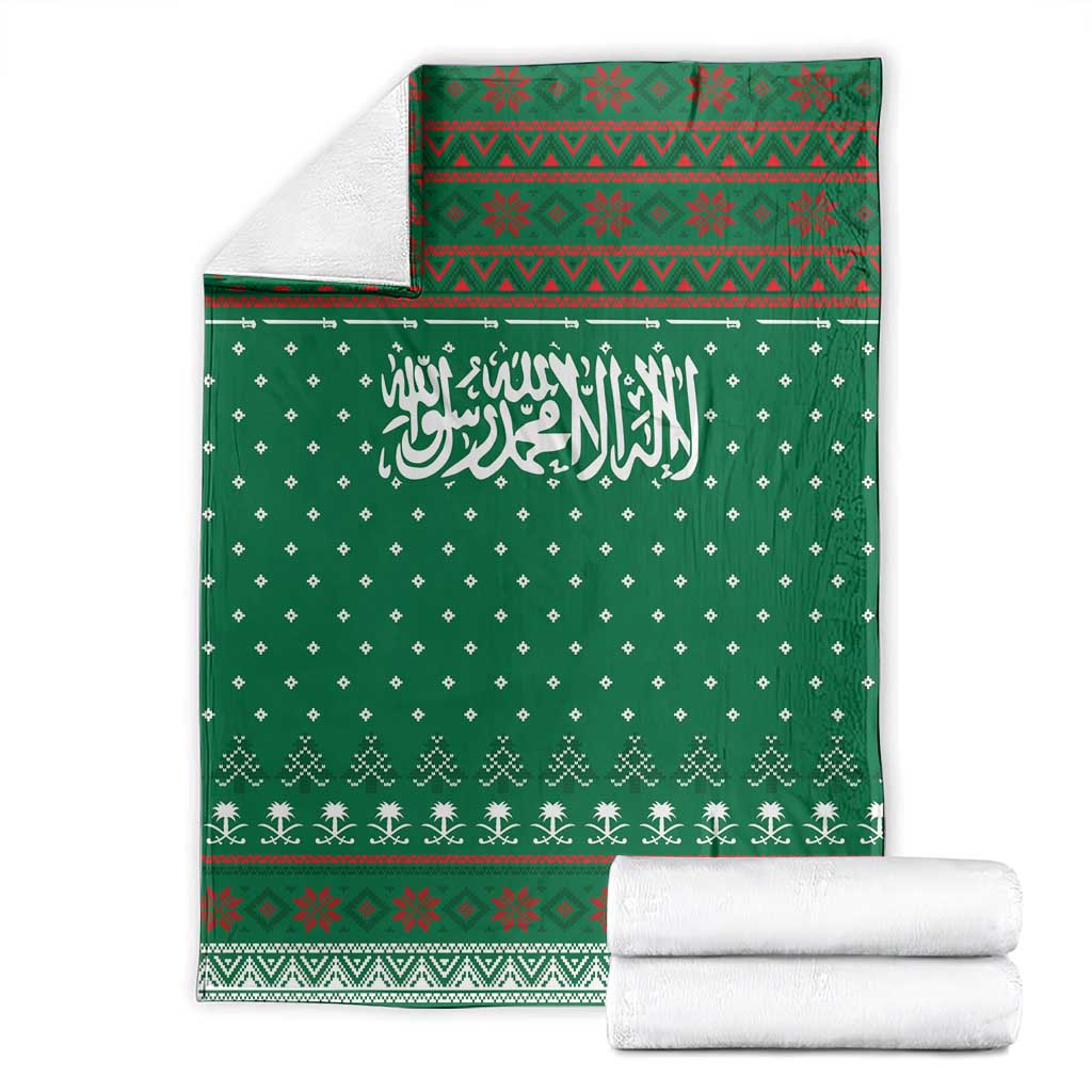 Saudi Arabia Christmas Blanket with Green Pattern, Traditional Script Motif, and Camel Caravan Silhouette - Wonder Print Shop