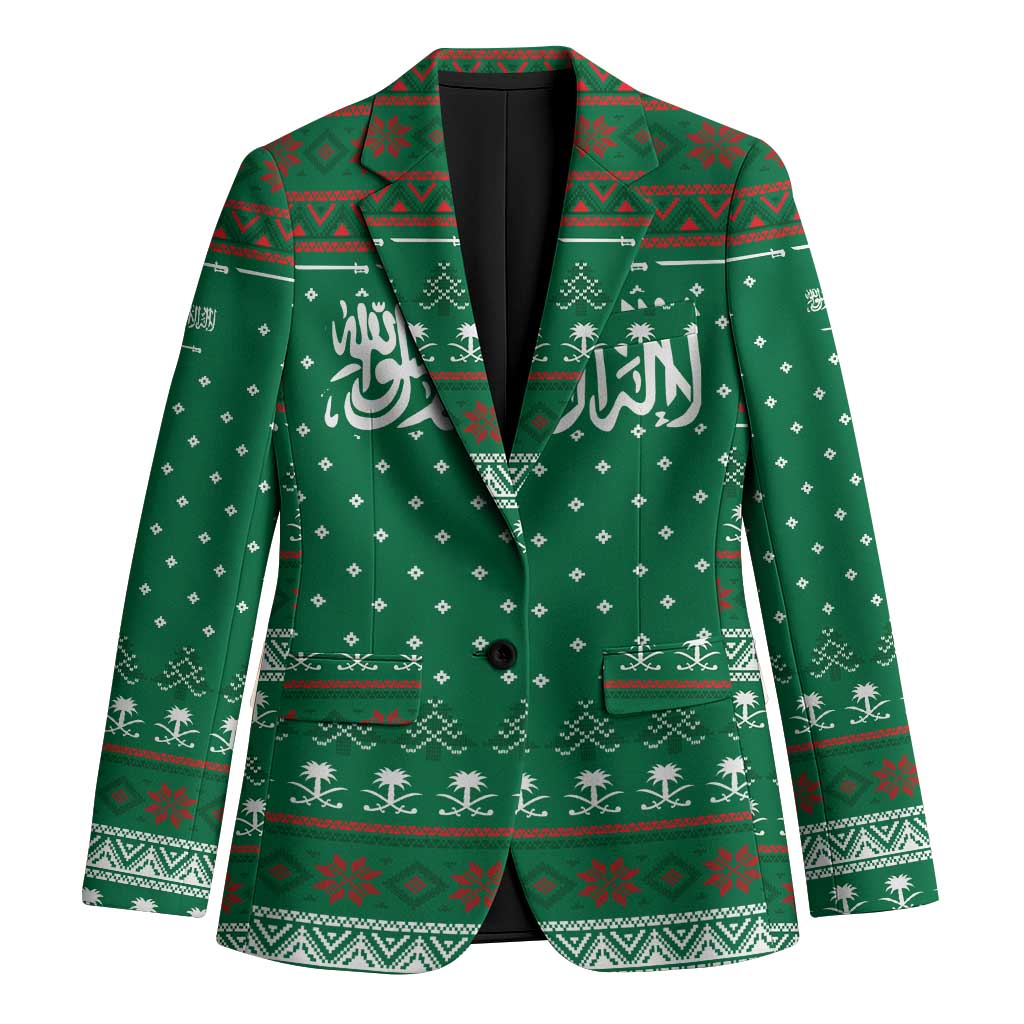 Saudi Arabia Christmas Blazer with Green Pattern, Traditional Script Motif, and Camel Caravan Silhouette - Wonder Print Shop
