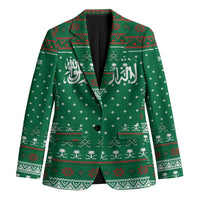 Saudi Arabia Christmas Blazer with Green Pattern, Traditional Script Motif, and Camel Caravan Silhouette - Wonder Print Shop