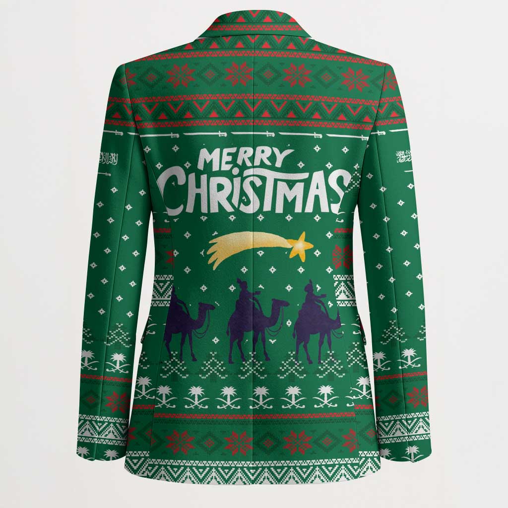 Saudi Arabia Christmas Blazer with Green Pattern, Traditional Script Motif, and Camel Caravan Silhouette - Wonder Print Shop