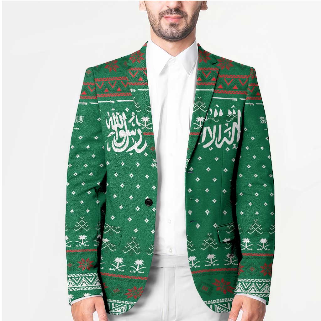 Saudi Arabia Christmas Blazer with Green Pattern, Traditional Script Motif, and Camel Caravan Silhouette - Wonder Print Shop