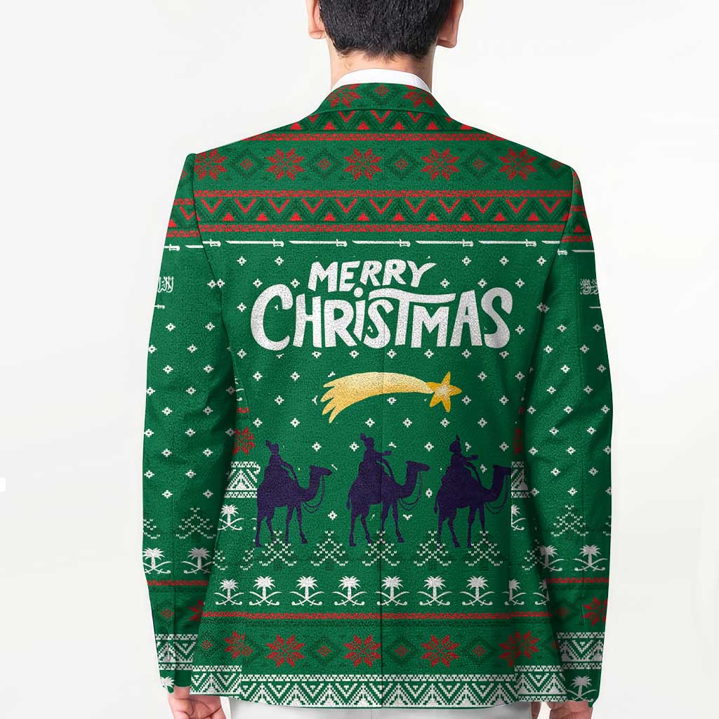 Saudi Arabia Christmas Blazer with Green Pattern, Traditional Script Motif, and Camel Caravan Silhouette - Wonder Print Shop