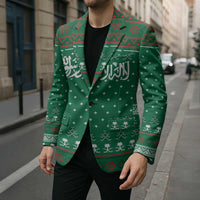 Saudi Arabia Christmas Blazer with Green Pattern, Traditional Script Motif, and Camel Caravan Silhouette - Wonder Print Shop