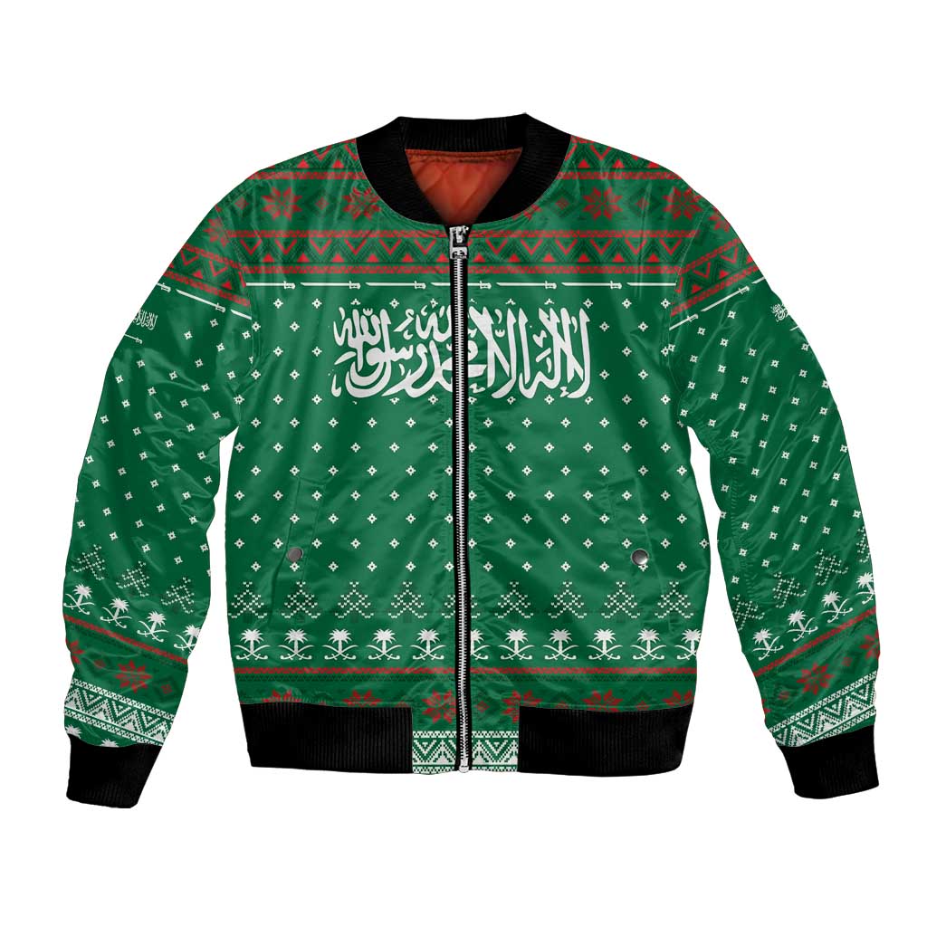 Saudi Arabia Christmas Bomber Jacket with Green Pattern, Traditional Script Motif, and Camel Caravan Silhouette - Wonder Print Shop