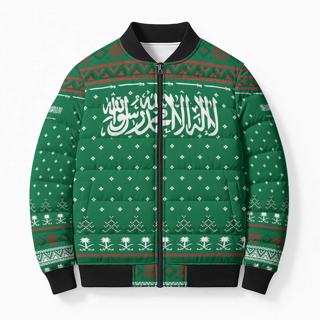 Saudi Arabia Christmas Bomber Puffer Jacket with Green Pattern, Traditional Script Motif, and Camel Caravan Silhouette - Wonder Print Shop