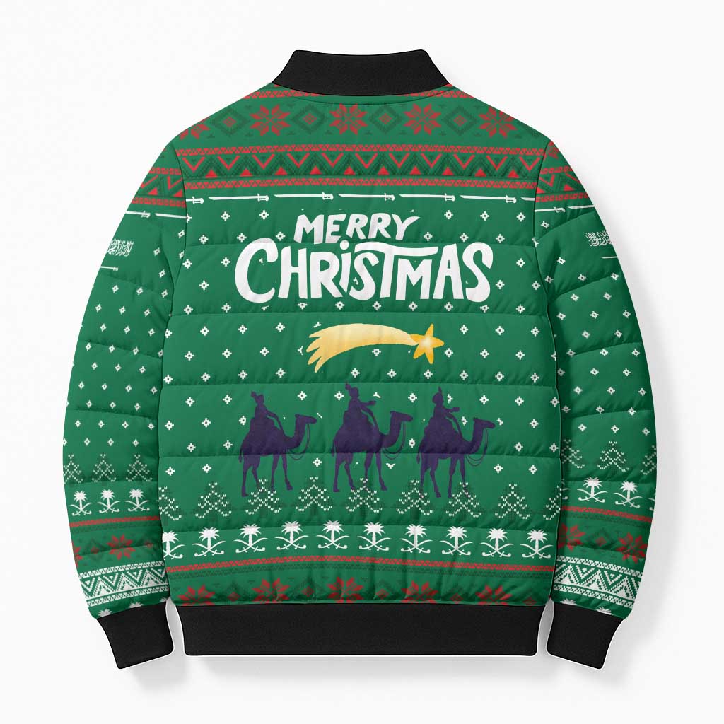 Saudi Arabia Christmas Bomber Puffer Jacket with Green Pattern, Traditional Script Motif, and Camel Caravan Silhouette - Wonder Print Shop