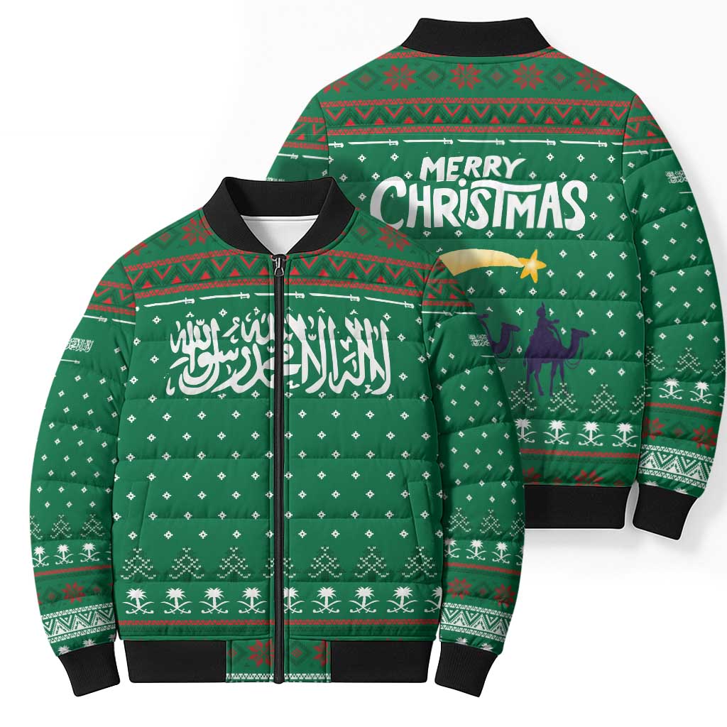 Saudi Arabia Christmas Bomber Puffer Jacket with Green Pattern, Traditional Script Motif, and Camel Caravan Silhouette - Wonder Print Shop